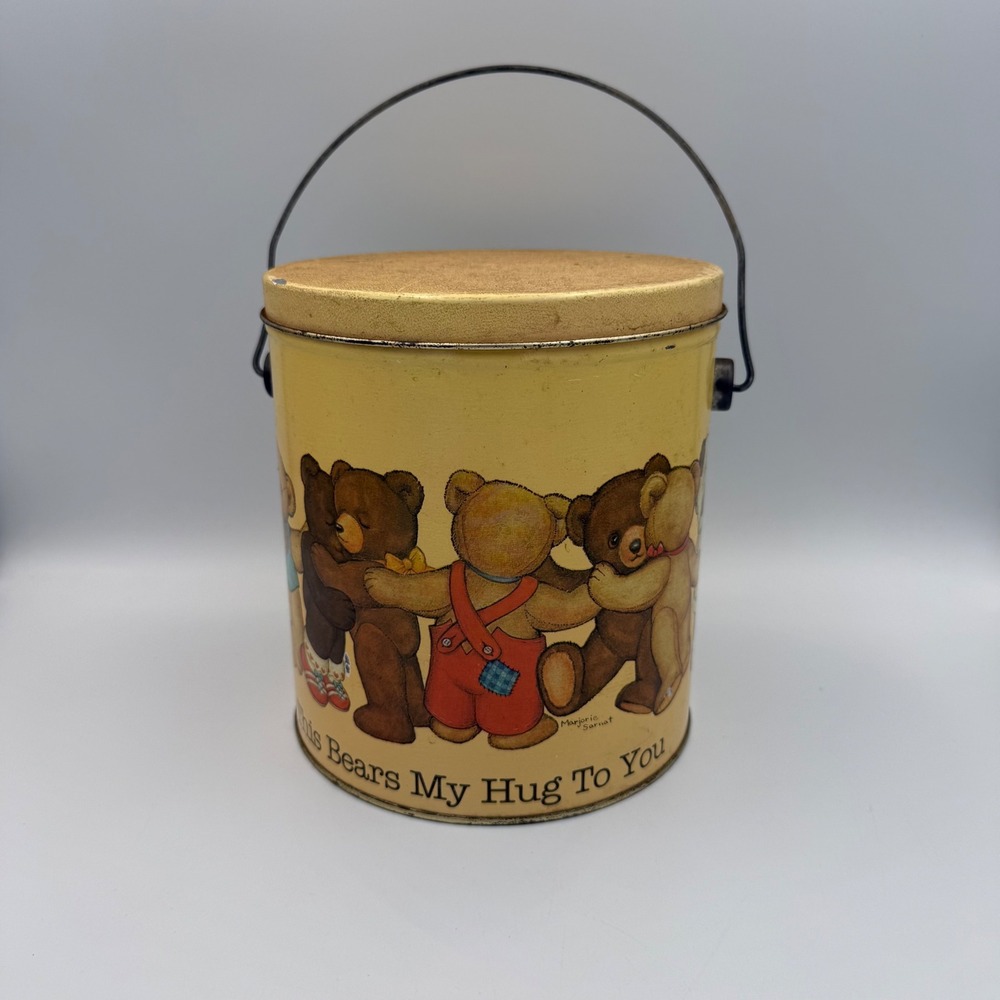 Vintage 1984 Marjorie Sarnat Teddy Bear Tin Bucket This Bears My Hug To You 6in